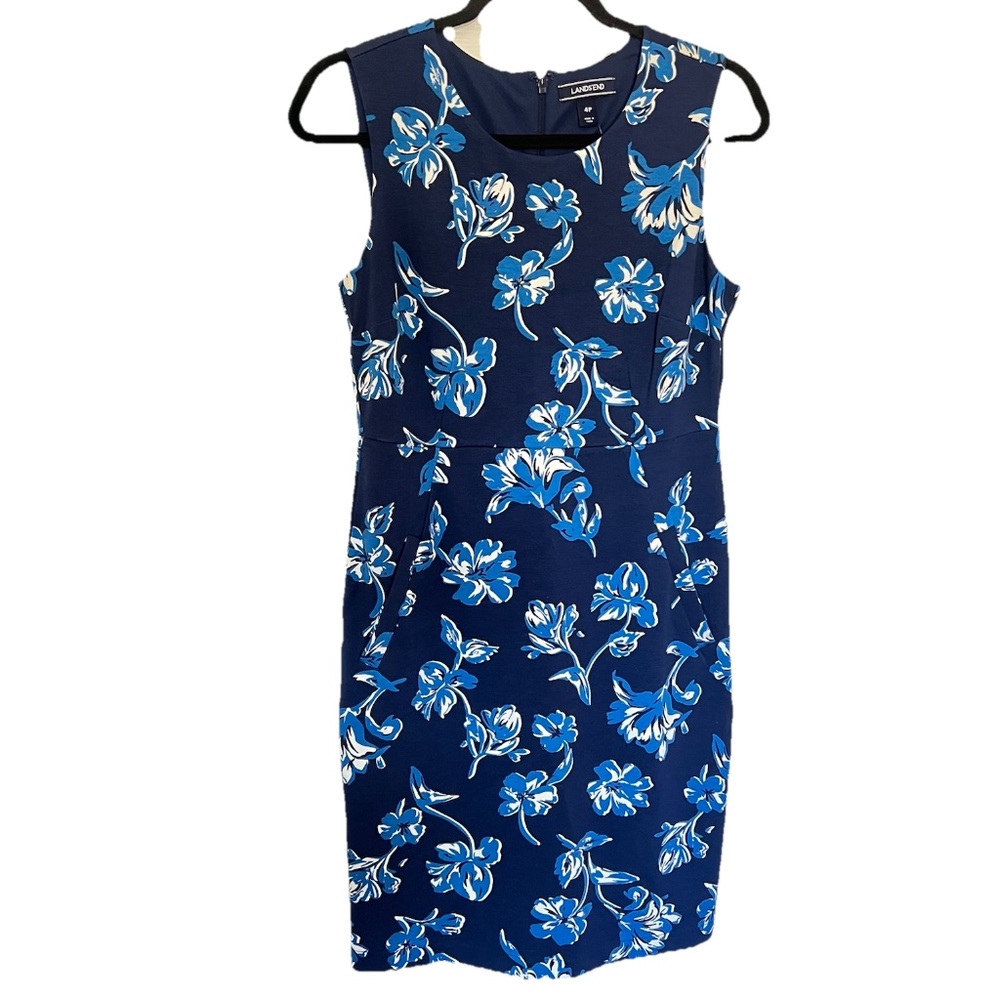 Lands’ End Sleeveless Ponte Sheath Dress Blue Deep Sea Floral Print Size 4P NWT